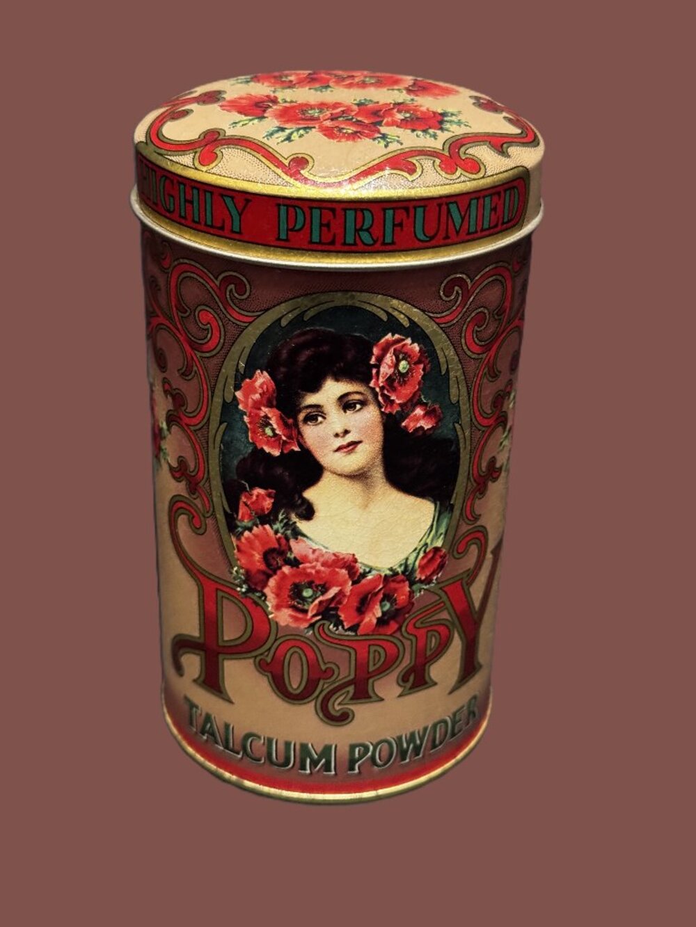 Daher Poppy Talcum Powder Lidded Tin Cylinder Container, Vintage Circa 1970s